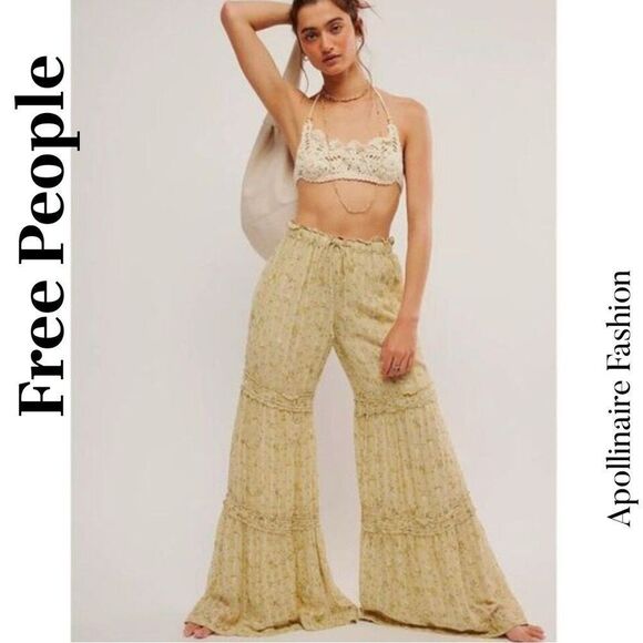 FREE PEOPLE EMMALINE TIERED PULLON FLARED PANTS IN SAGE COMBO NWT - Picture 3 of 9